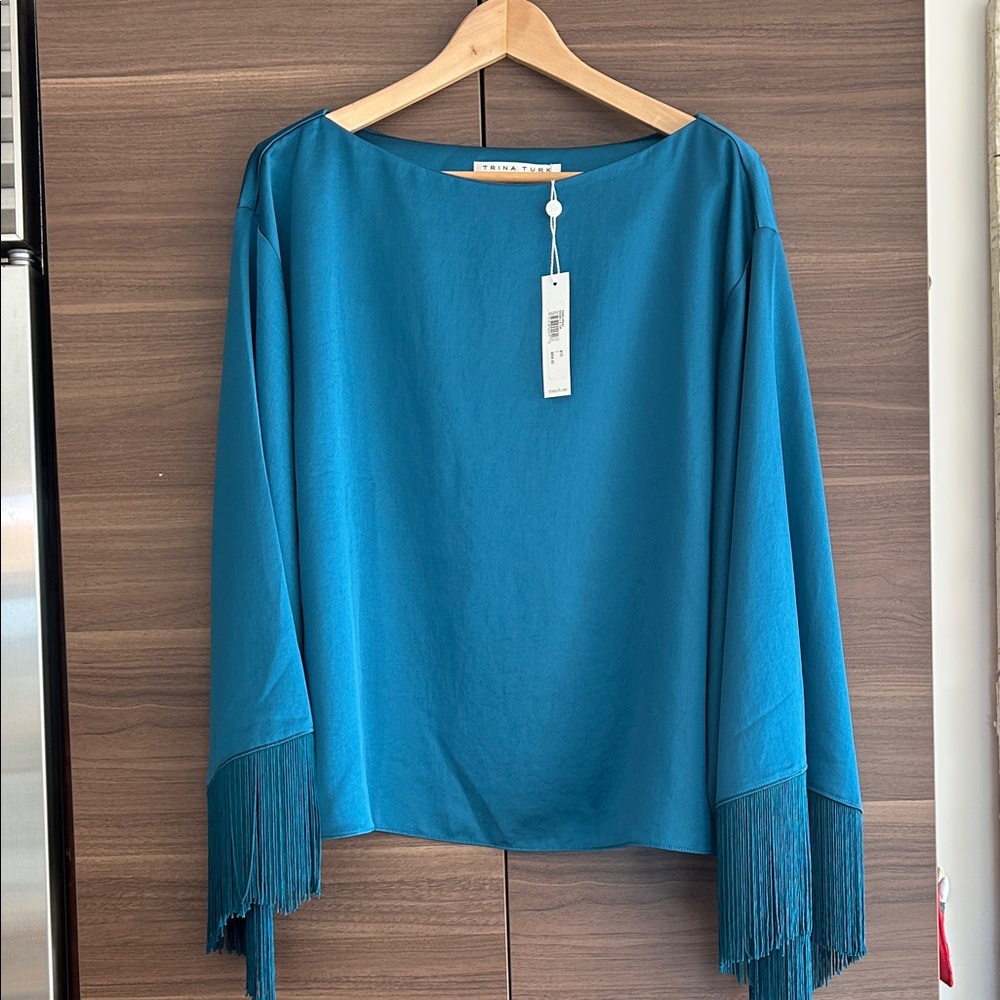 NWT Trina Turk Teal Blouse with Fringe Sleeves size large.